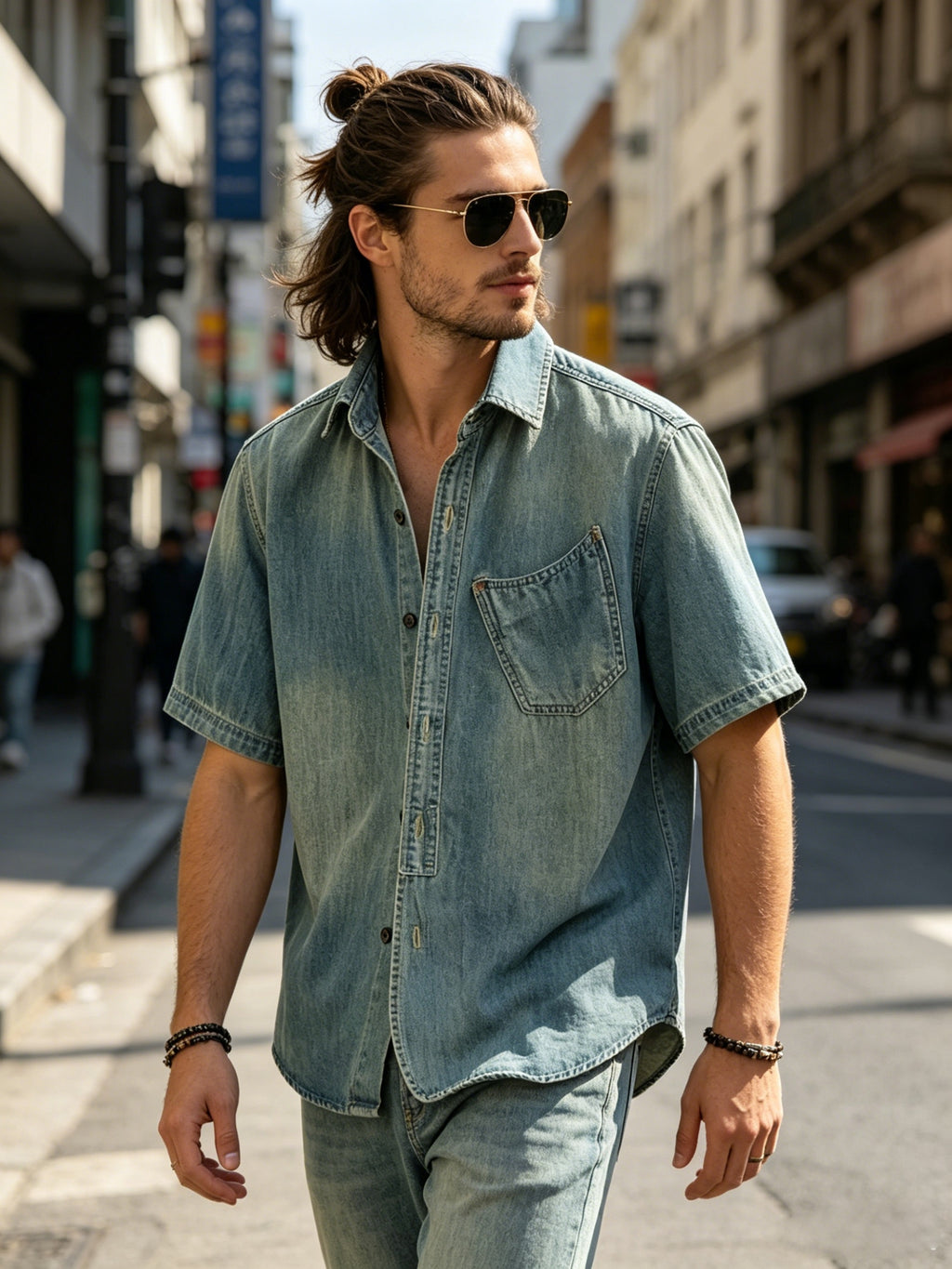 Men'S Vintage Washed Denim Short Sleeve Shirt, Casual Loose Fit Button- Top, Streetwear Style - Vintage Blue