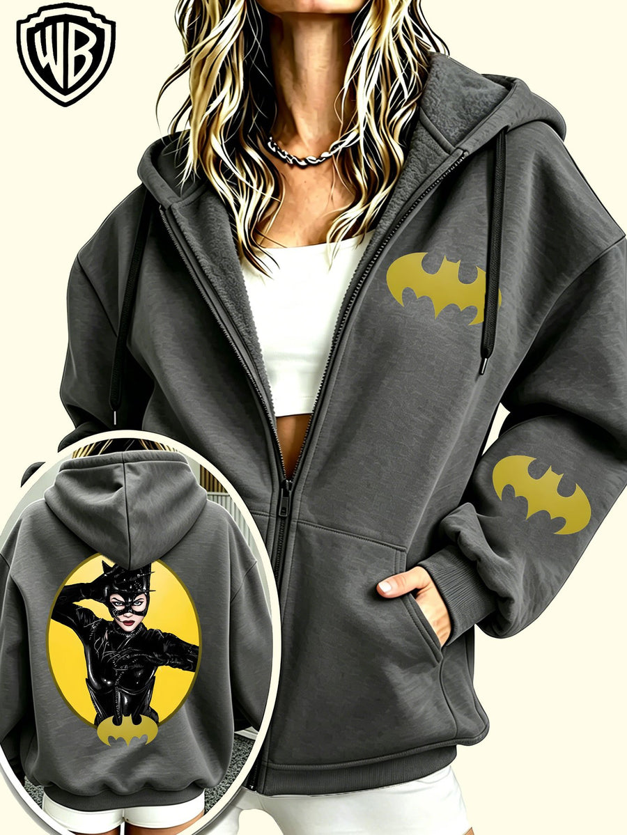 2026 Women's Hoodie DC Batman Catwoman Character Bat Logo Print Zip-Up Open Front Hooded Top Trendy Women's Jacket - Grey