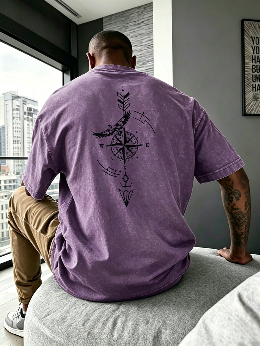 Men'S Heavyweight Short Sleeve Washed Distressed Fashion T-Shirt, Skin-Friendly And Breathable, Vintage Compass Eagle Arrow Geometric Line Print, Western High Street Hip-Hop Street Style, Pure Skin-Friendly Non-Sheer Material - Purple
