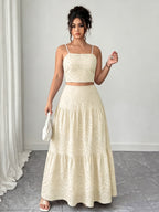 Two-Piece Embroidered Maxi Dress, Bohemian Style with Layered Ruffle Hem. Perfect for Dates, Vacations, Picnics, And Beach Outings. Comfortable And Versatile Women'S Dress - Apricot