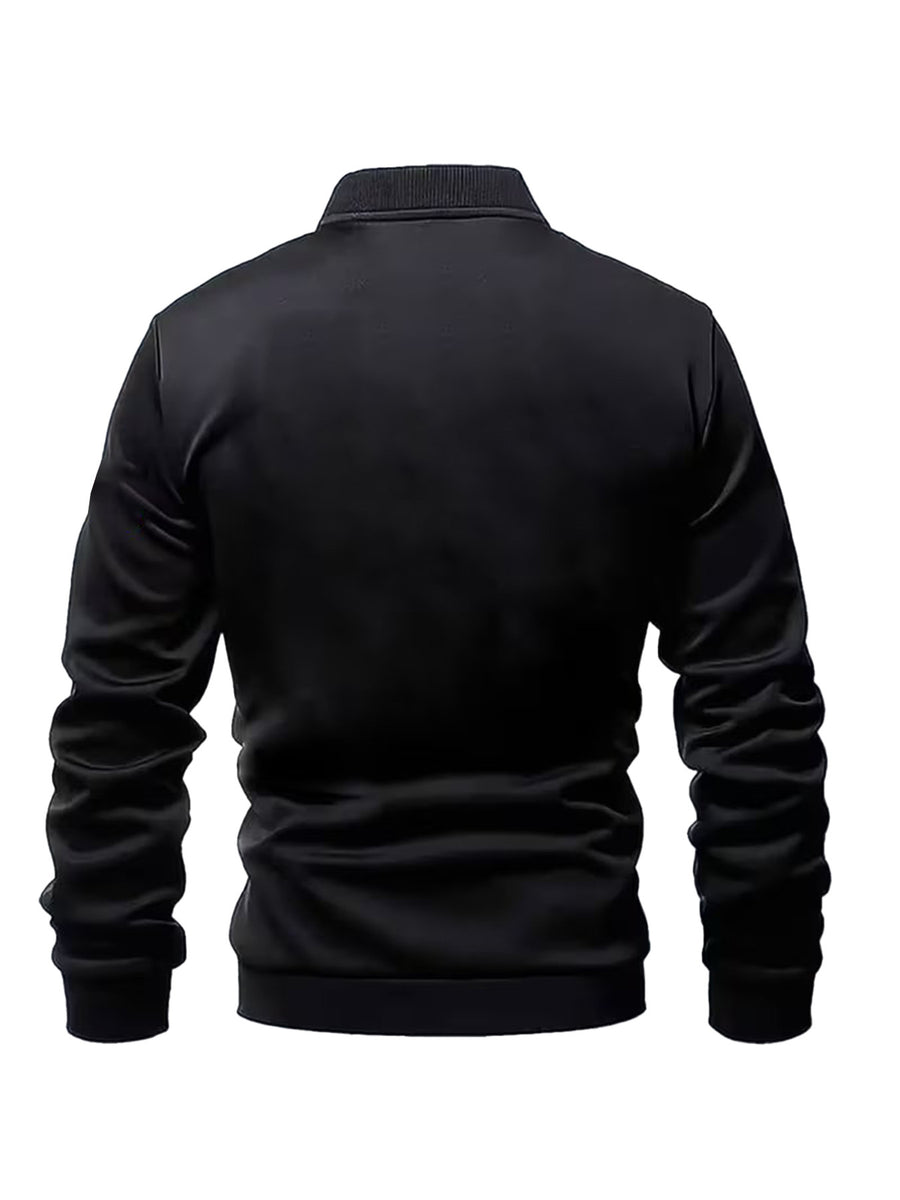 Slim-fit Versatile Men's Jacket, Featuring a Simple Handwritten Pattern, Men's Zip-up Jacket, Comfortable Casual Style, Suitable for Outdoor Activities - Black