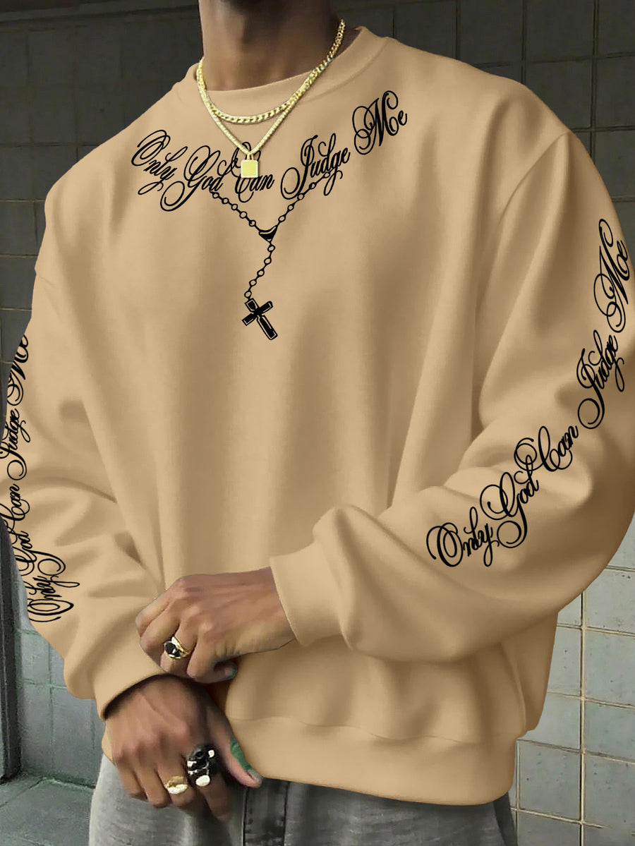 American Street Style Men's Sweatshirt, Cross Necklace Print, Loose and Versatile - Khaki