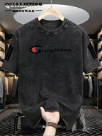 Men's Fashion Short-Sleeve Washed Distressed T-Shirt with "G" Letter Graphic Print, Suitable for Daily, Streetwear, Vintage, and Other Styling Approaches - Black 1