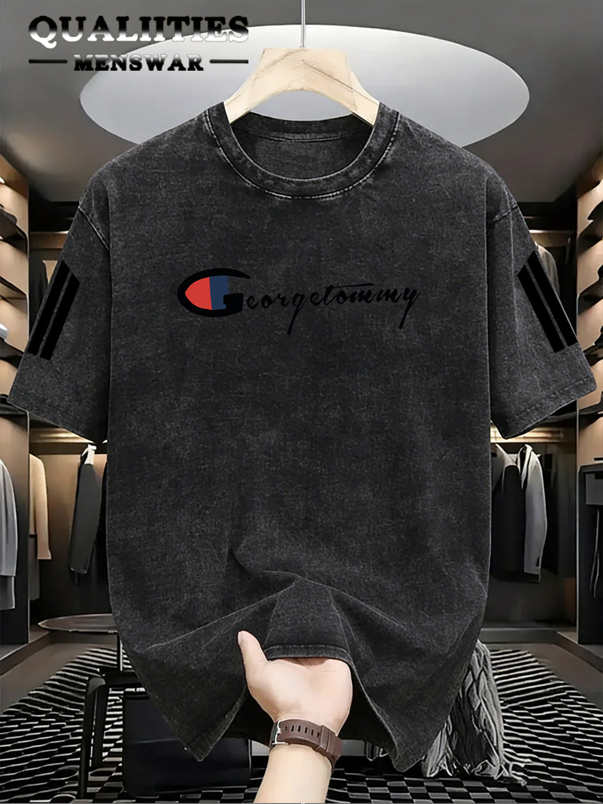 Men's Fashion Short-Sleeve Washed Distressed T-Shirt with "G" Letter Graphic Print, Suitable for Daily, Streetwear, Vintage, and Other Styling Approaches - Black 1