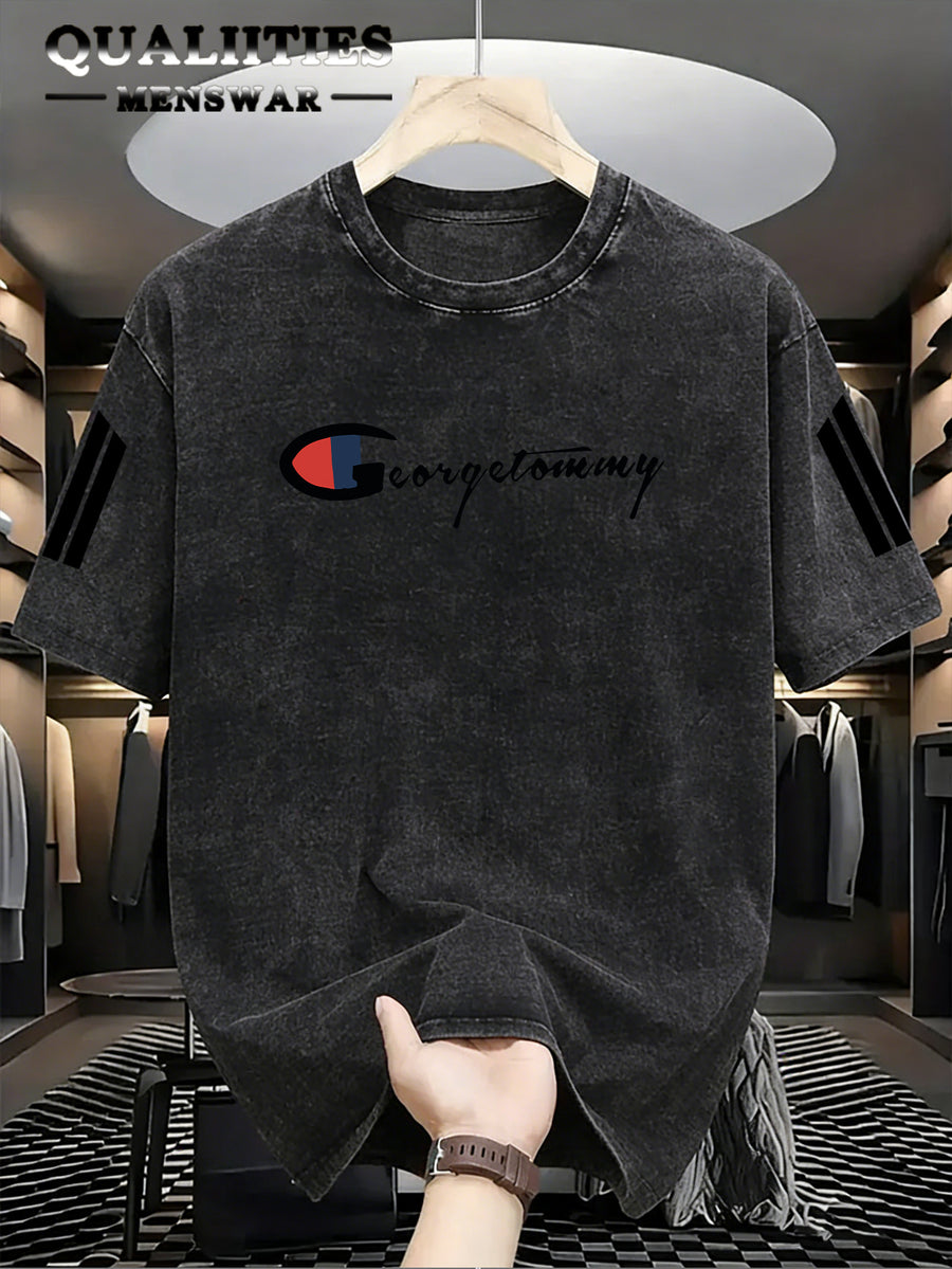 Men's Fashion Short-Sleeve Washed Distressed T-Shirt with "G" Letter Graphic Print, Suitable for Daily, Streetwear, Vintage, and Other Styling Approaches - Black 1