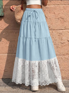 Spring/Summer Solid-Color Drawstring-Detail Cake-Style Long Skirt with Lace Panel Design Perfect for Vacations Casual Wear and Commuting - Sky Blue