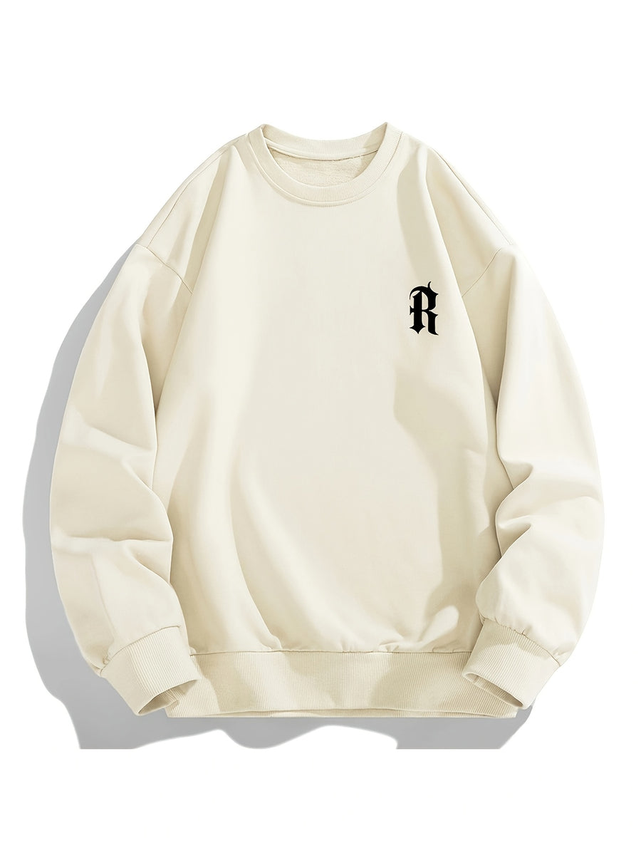 Men'S Crew Neck Sweatshirt, Spring And Autumn Chest Logo Print Pullover Top, Youth Loose Casual Versatile Long Sleeve Base Shirt - Apricot