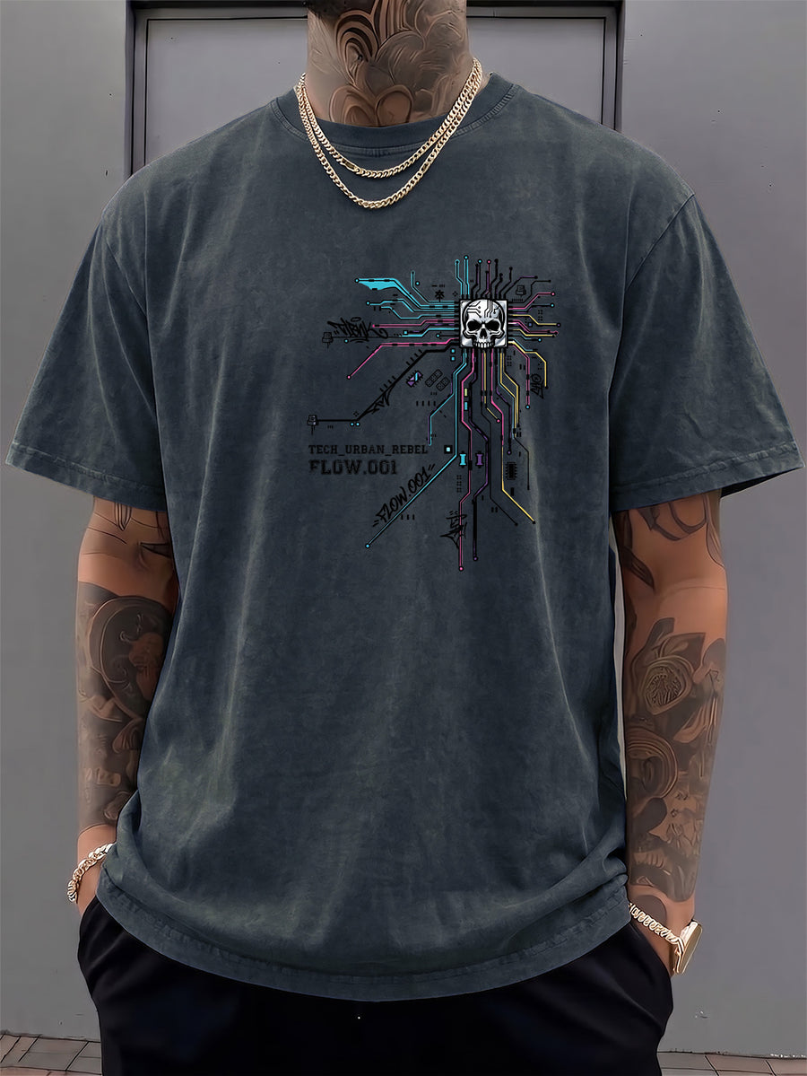 Men's Short-Sleeve T-Shirt, Pure Cotton, Loose Fit, Washed Distressed Circuit Board Skull Graffiti Print, Trendy Reversible Double-Sided Print, 12 Colors for Mix & Match, American Streetwear High Street Hip-Hop Top, for Daily Outings - Navy Color