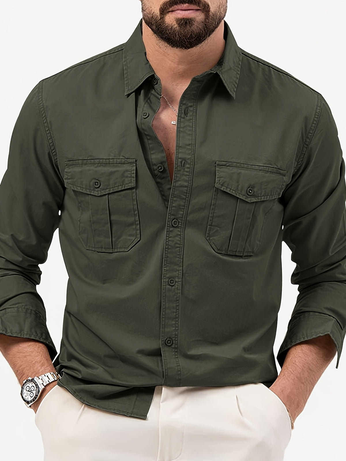Men'S Multicolor Dress Shirt Multi-Pocket Casual Long Sleeve Top - Military Green