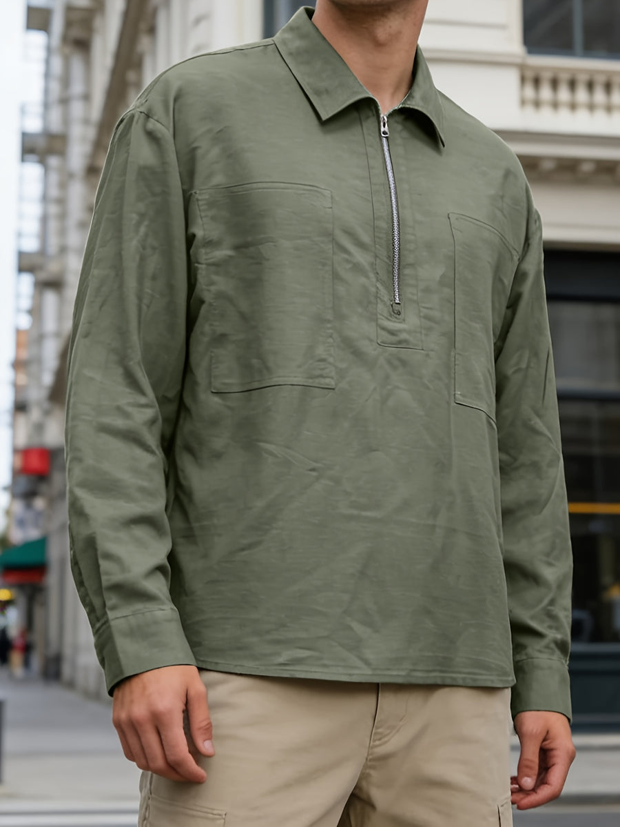 European and American Men's Solid Color Textured Versatile Casual Workwear Shirt, High Street Instagram Style Lapel Pullover Shirt - Military Green