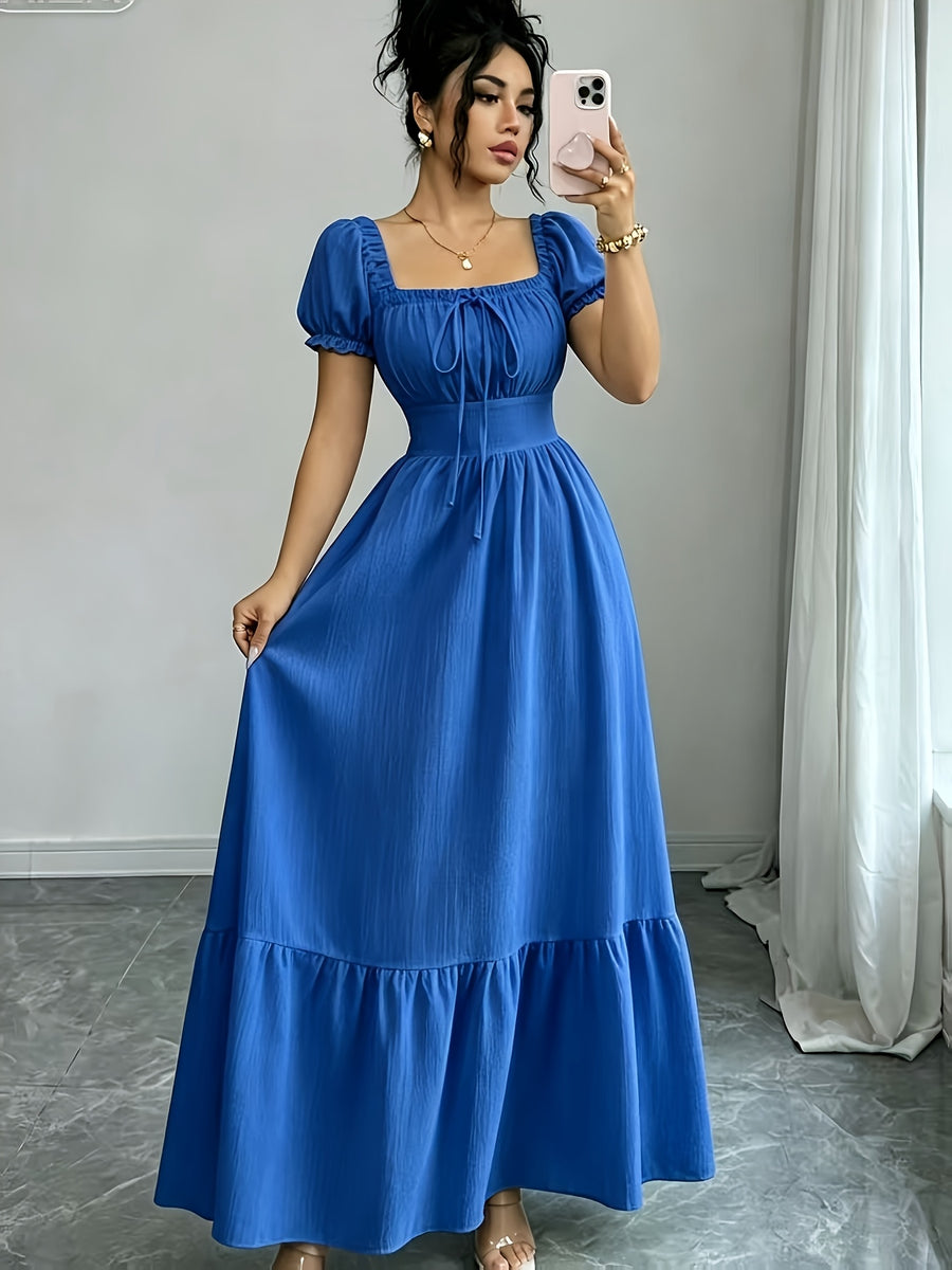Elegant Dress Women'S Skirt Square Neck Puff Sleeve Tie-Up A-Line Long Dress Suitable for Outdoor Spring Summer Party Wedding Travel Zzy Spring Summer - Blue