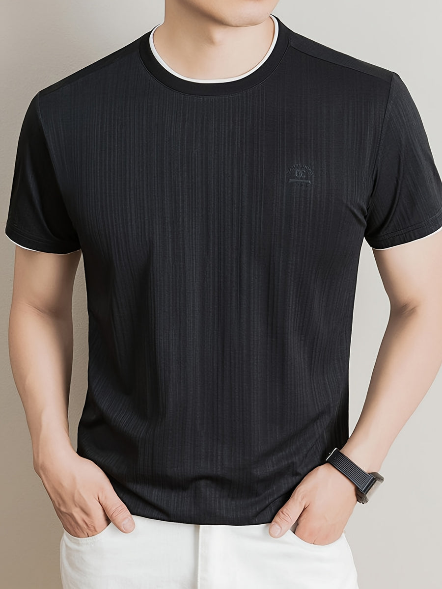Summer New Men'S T-Shirt, Fashionable Trendy Faux Two-Piece Round Neck Short Sleeve T-Shirt for Men, Business Casual Mid-Age Men'S Solid Color Top, Suitable for Daily Work Scenarios, Men'S Gift - Black