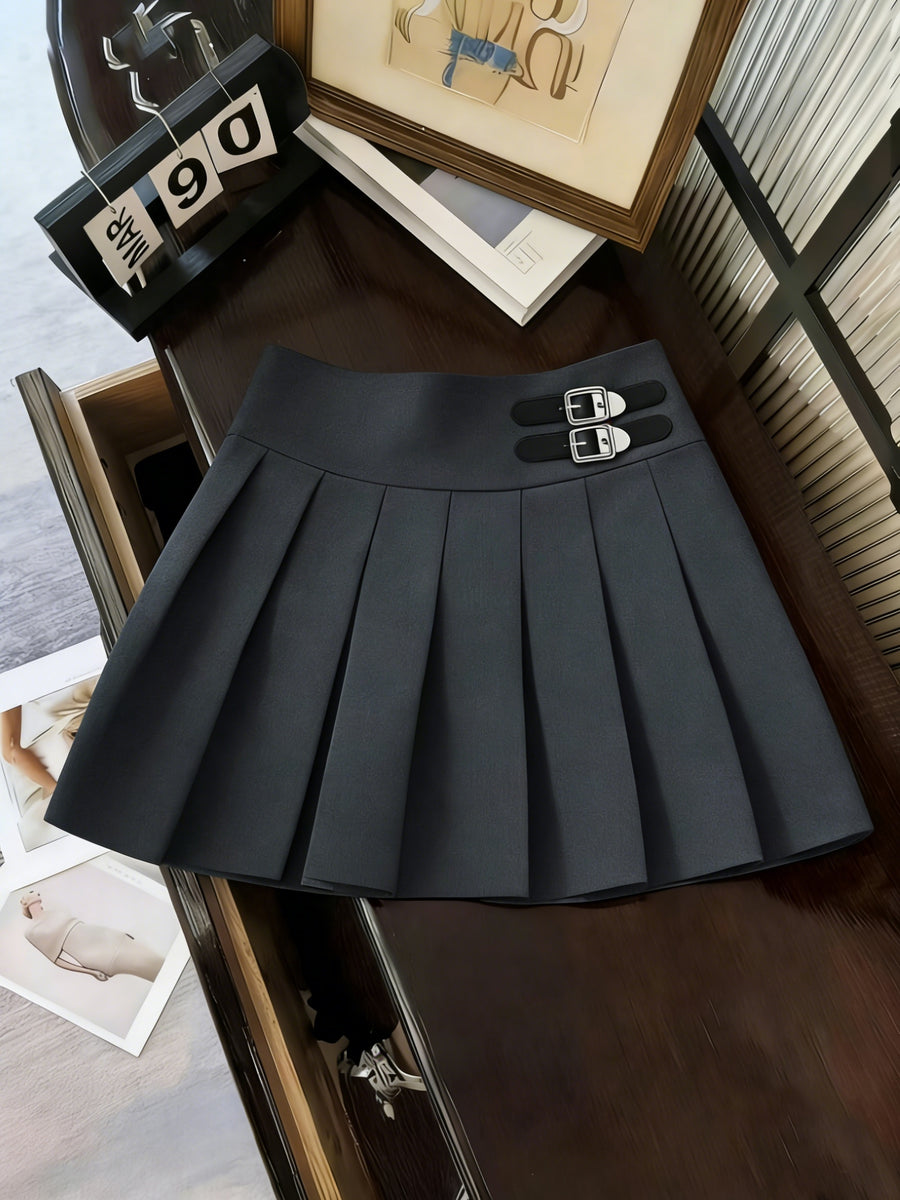[Development ZD260112084] Women's Casual Cropped Pleated Skirt with Decorative Accessory Buckle (Lined) - Grey