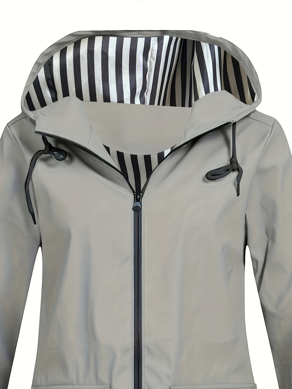 Autumn and Winter Striped Lined Hooded Windbreaker Jacket - Grey