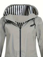 Autumn and Winter Striped Lined Hooded Windbreaker Jacket - Grey