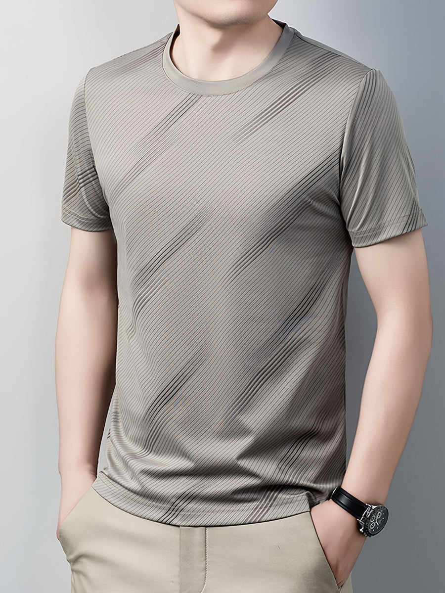 Men's Breathable Mesh Short Sleeve T-Shirt - Lightweight Non-Stick Summer Shirt Suitable for Business Casual & Casual Attire, Round Neck Striped Style (No Belt) for Office, Travel, Layering - Non- Round Neck - Khaki