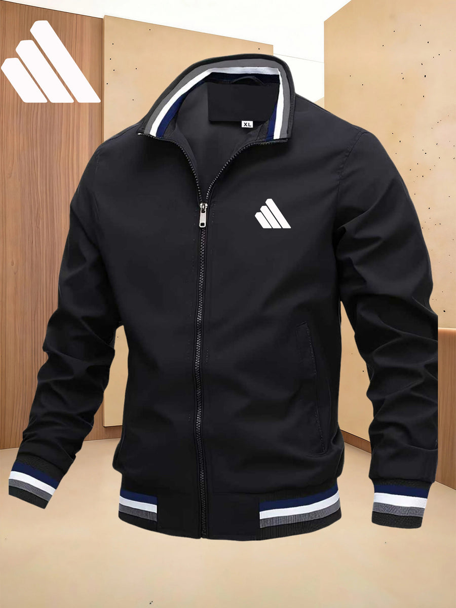 Men'S Sports Solid Color Stand-Up Collar Jacket, Color Striped Rib Hem, Lightweight And Windproof, Creative Three-Bar Totem Design Elements, Suitable for Jogging in Spring And Autumn, Daily Casual Versatile - Black