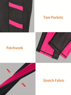 Plus Size Women's High-Waisted Yoga Pants Tummy Control Workout Leggings with 4 Side Pockets Color-blocking Design,for Running, Fitness Casual & Sports Wear - Black