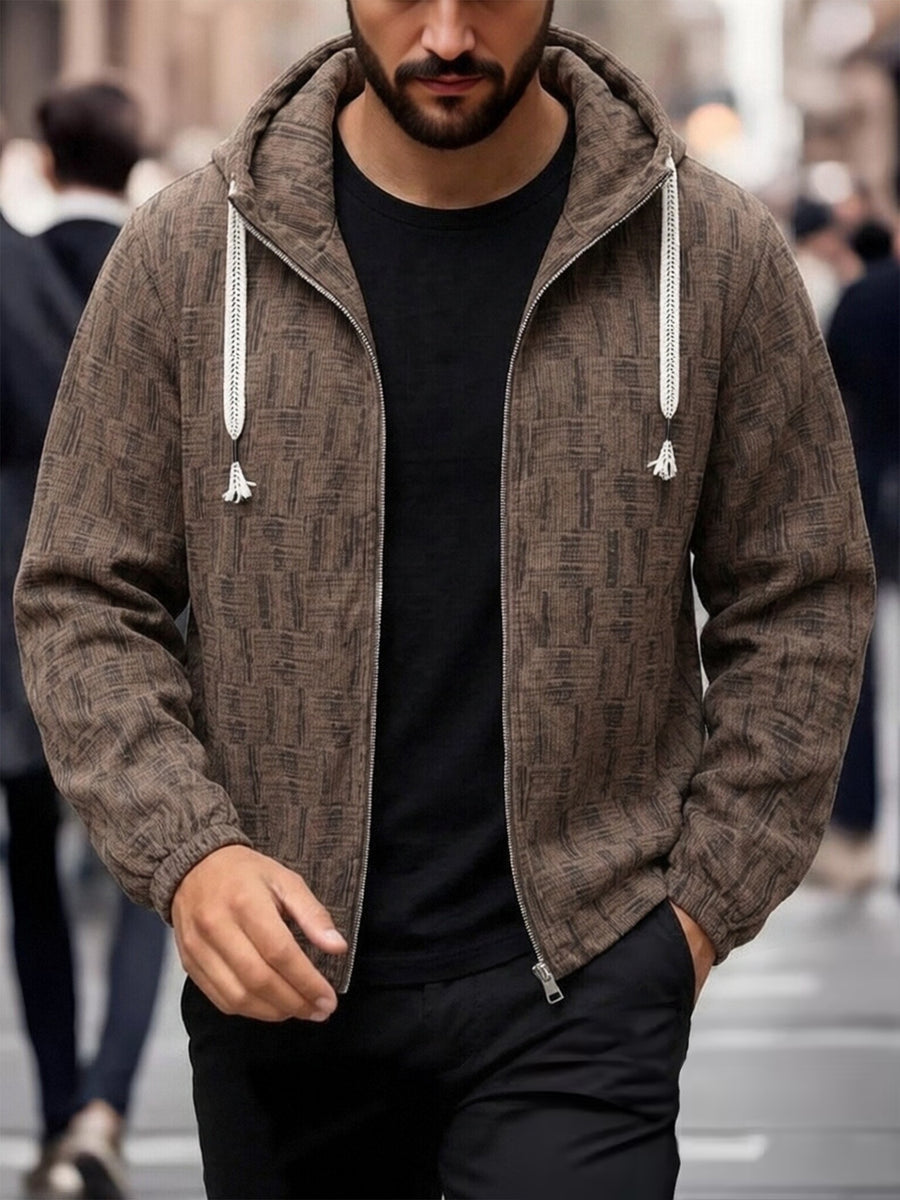 EXARUS Men'S Vintage Plaid Jacquard Hooded Zip-Up Jacket, American Casual Open Cardigan Hoodie, Individual Woven Texture Pattern, Tassel Decor Drawstring with Smooth Metal Zipper, Elastic Cuffs, Loose Casual Fit. Comfortable And Breathable Fabric - Coffee Color
