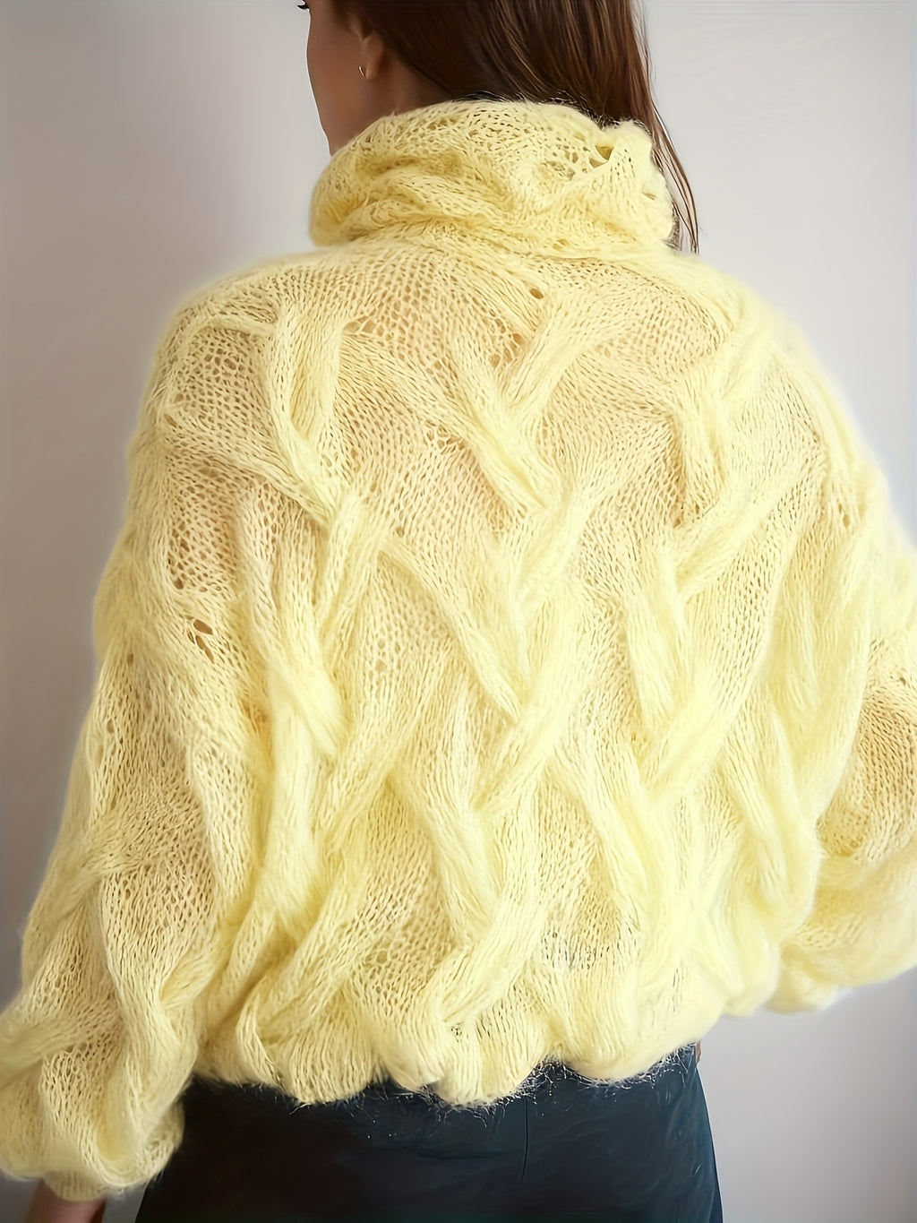 Valentine'S Day Festive Atmosphere Outfit for Women, Featuring a Lightweight, Sheer, Semi-Turtleneck Sweater with a Hollow Design, Perfect for a Relaxed, Soft, And Loose Style for Autumn And Winter - Yellow
