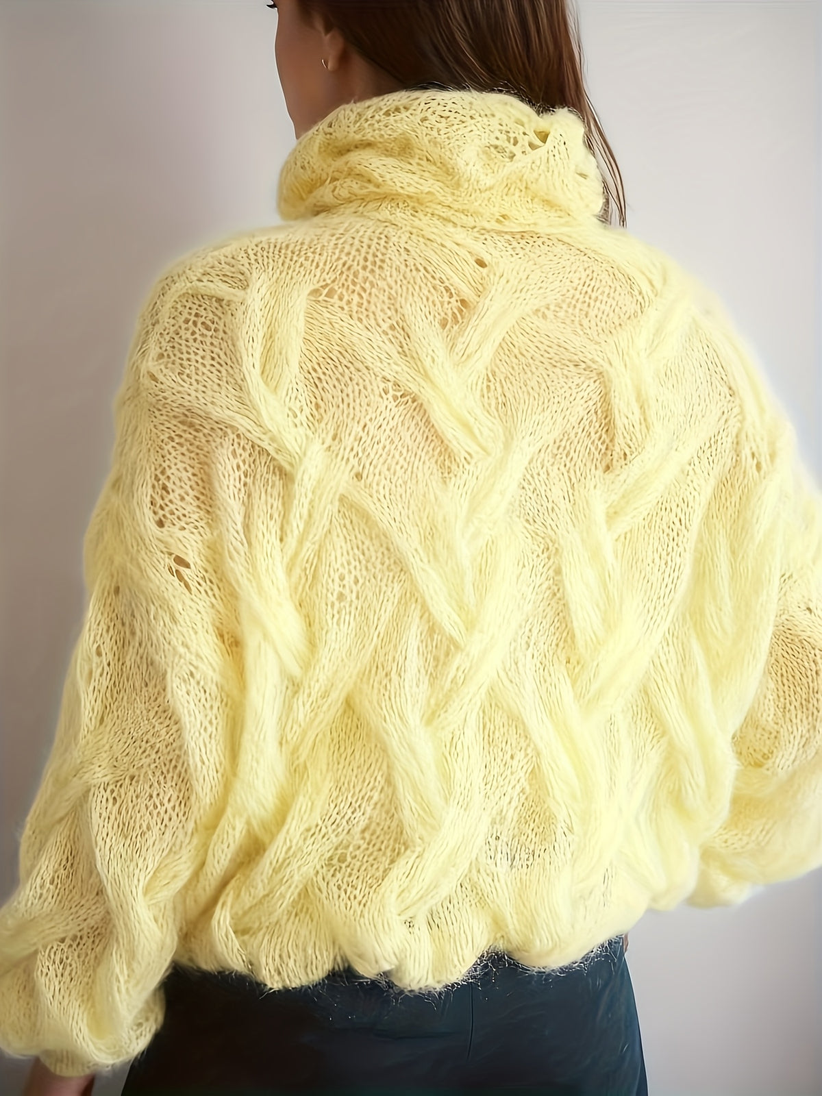 Valentine'S Day Festive Atmosphere Outfit for Women, Featuring a Lightweight, Sheer, Semi-Turtleneck Sweater with a Hollow Design, Perfect for a Relaxed, Soft, And Loose Style for Autumn And Winter - Yellow