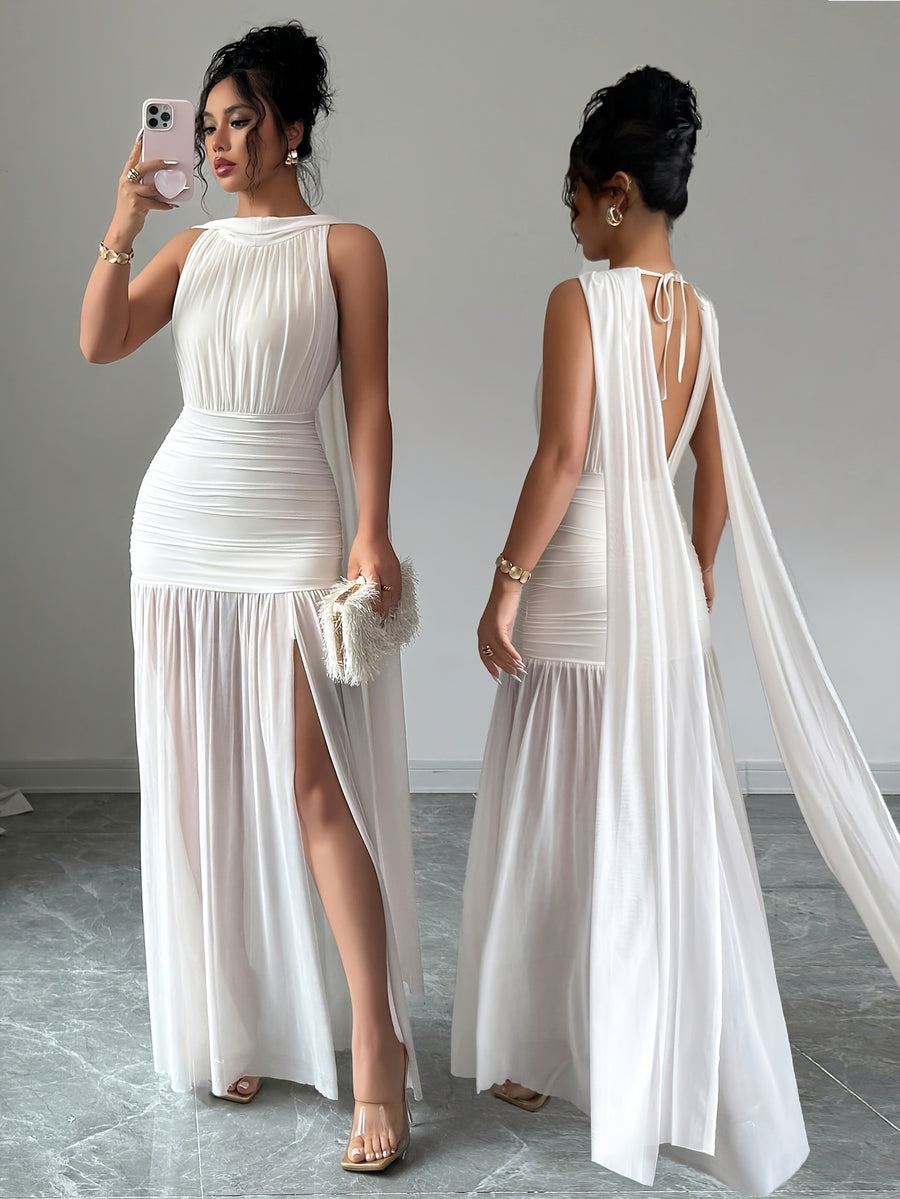 Women's Solid-color Minimalist Sleeveless Maxi Dress for Spring/summer, Suitable for New Year Outfits, Dates, Holidays, and Valentine's Day Wear - White