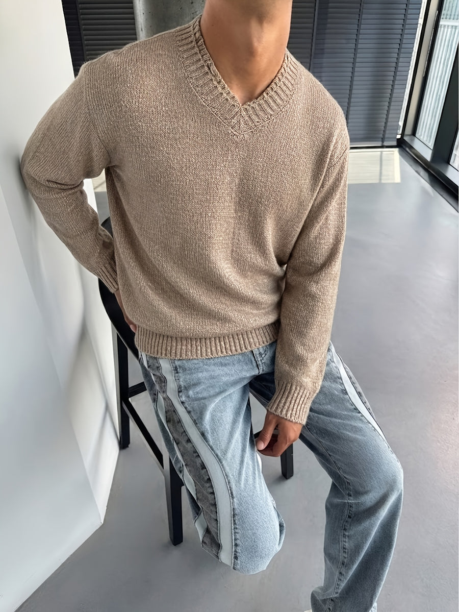 Men's New Autumn/Winter Trendy Versatile Warm Knit Sweater, Relaxed Casual Old Money Style 2-in-1 Look, Solid Color V-Neck Loose Knit Long-Sleeve Top for Work, School, Gatherings, Parties, Commuting, and Vacation Wear - Khaki