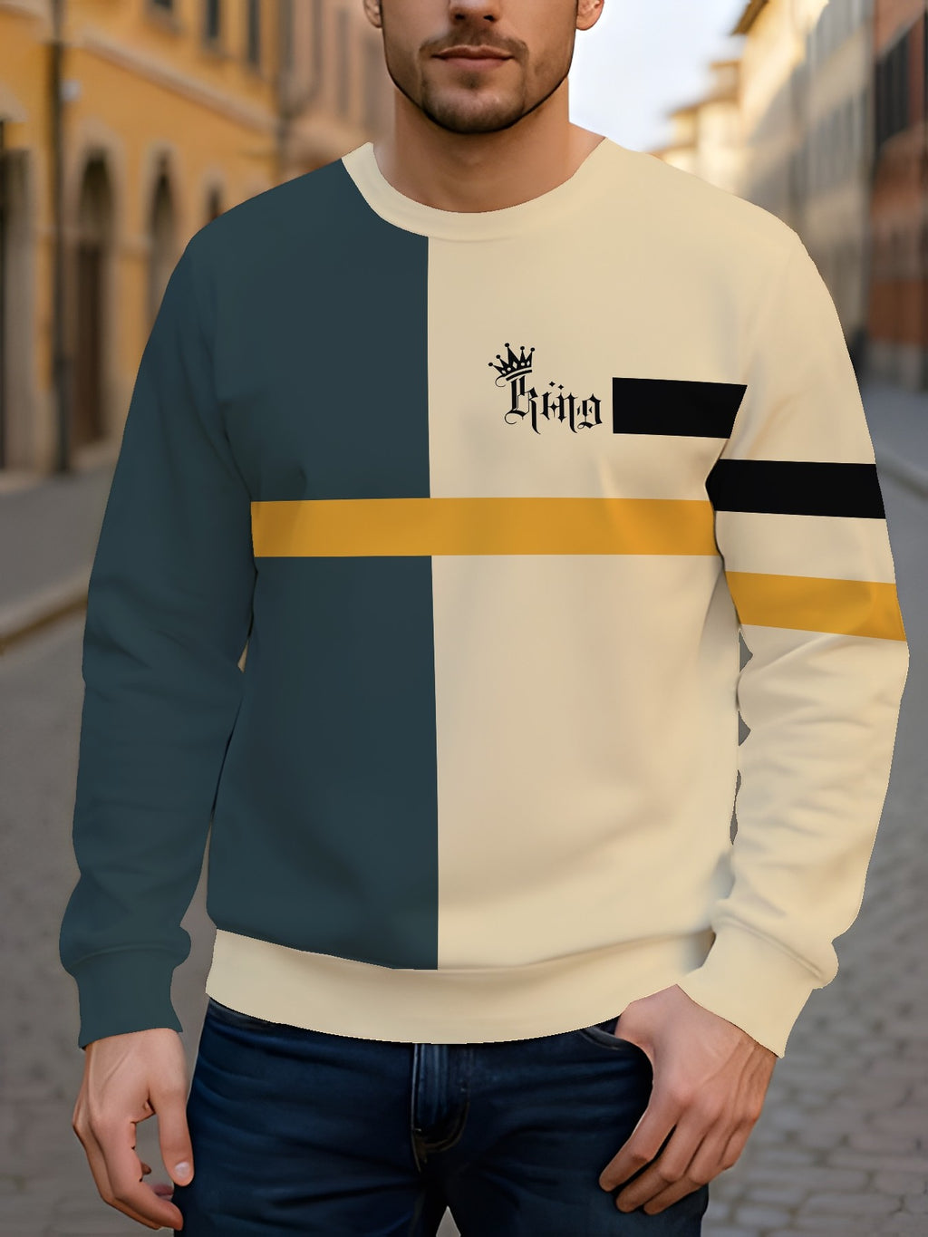 2pcs Men's Crew Neck Sweatshirt - Casual Printed Top, Outdoor Leisure Crew Neck Sweatshirt, Basic Versatile Style with Print - Mixed colors