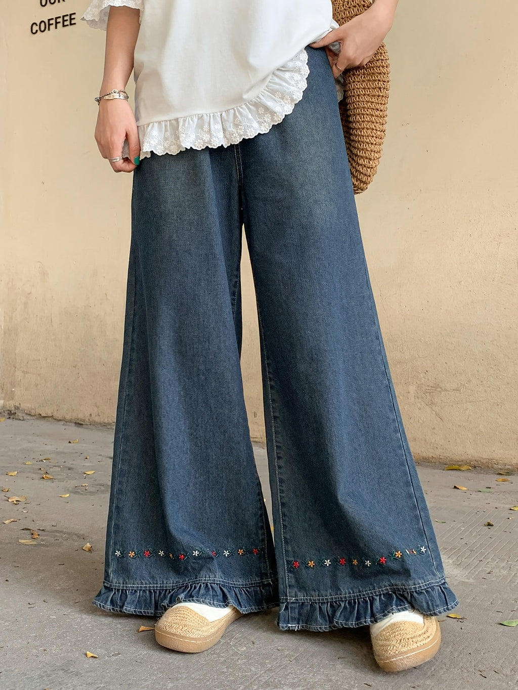 Embroidered Ruffled Wide-Leg Jeans, Elastic Waist Washed Blue Casual Versatile Ankle Pants - Blue
