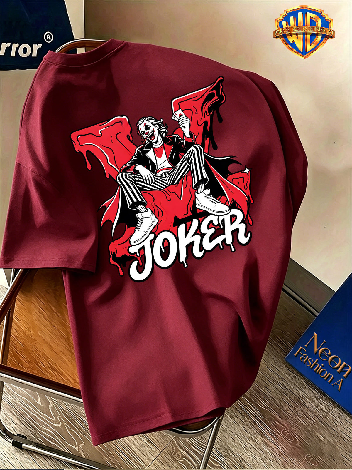 Warner Bros. Official Men's Short-Sleeve Pure T-Shirt, JOKER Ink Splatter Seat Portrait Print, American Vintage Streetwear Style Design, Spring/Summer Top, Regular Fit, Suitable for Outdoor, Fitness, Office, and Daily Wear, A Must-Have Item for Men's - Burgundy