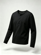 Henley Collar Long Sleeve Cover-Up, T-Gauge Knit Bamboo Rayon Rayon Texture Fabric, Lightweight Breathable Casual Top - Black
