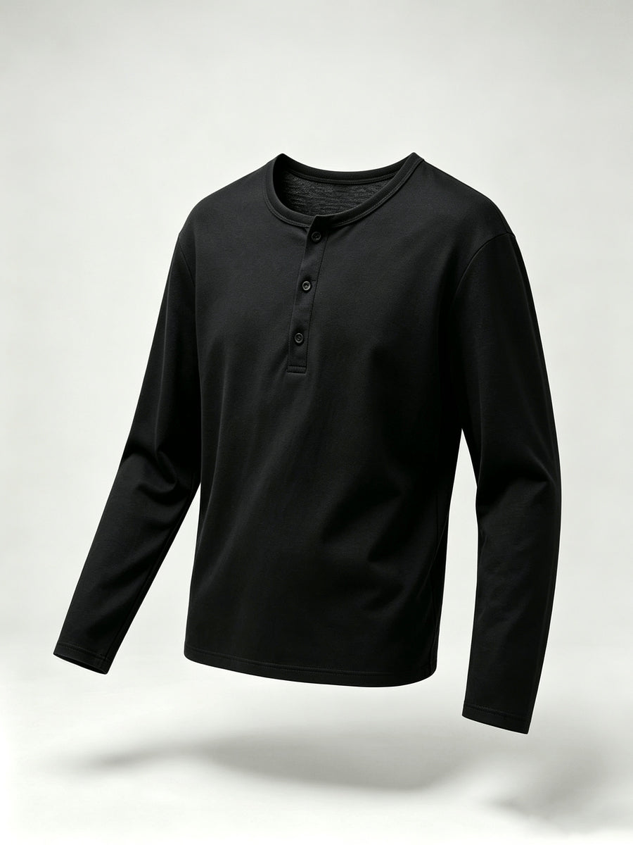 Henley Collar Long Sleeve Cover-Up, T-Gauge Knit Bamboo Rayon Rayon Texture Fabric, Lightweight Breathable Casual Top - Black