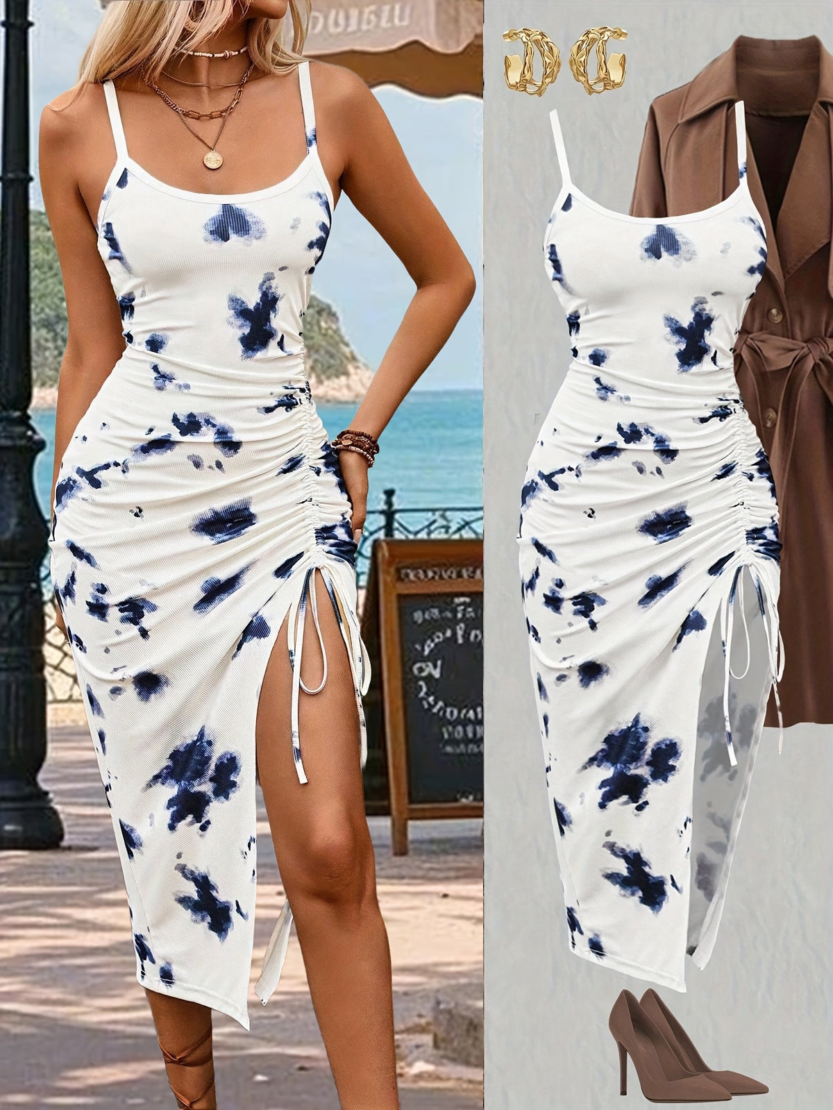 New Fashionable, Elegant, and Simple Everyday Casual Temperament Dress for Women: Floral Print Spaghetti Strap Off-Shoulder Dress with Slit Hem and Drawstring Fastening. Features a Gradient Effect, Slim-Fit Long Length, Thin Straps with Off-Shoulder - Mixed colors