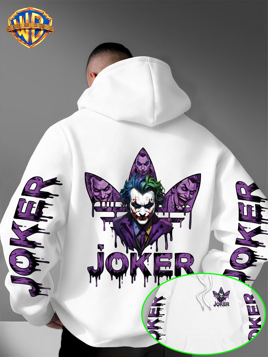 Warner Bros. DC JOKER Purple and Black Graffiti Portrait Men's Fashion Hooded Sweatshirt, Sleeve Print Design, Kangaroo Pocket, Drawstring Hood, Suitable for Daily Wear and Outdoor Sports, an Excellent Choice for Warmth - White