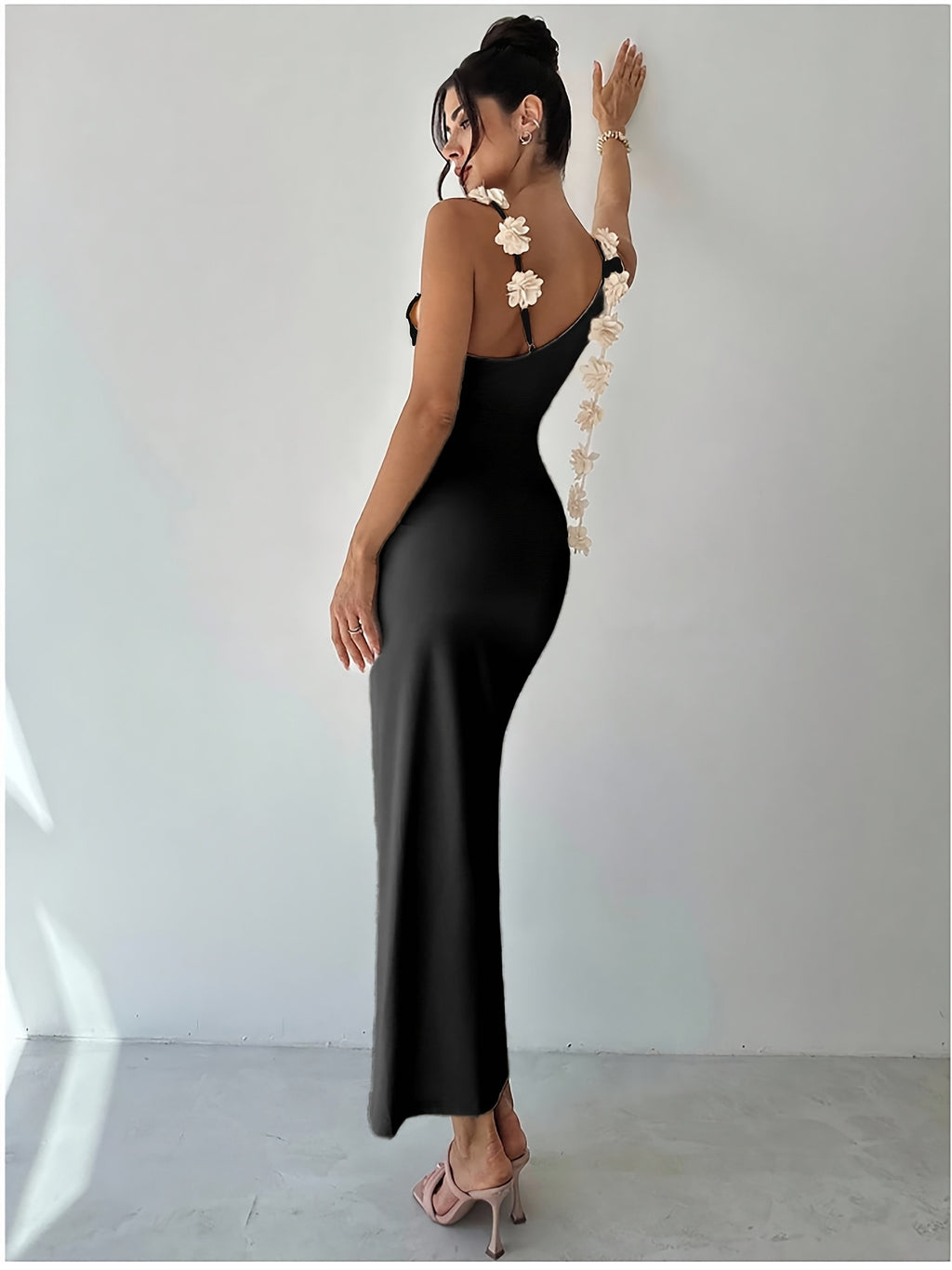 Summer Ladies 3D Flower Decorated Fashion Elegant Bodice Dress Pure Black Asymmetrical Sleeveless Long Party Dress Bridesmaid Gown - Black