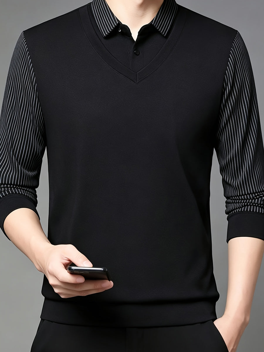 Men'S Shirt Collar Faux Two-Piece Polo Sweater, Suitable for Middle-Aged Men, Commute And Business Gatherings - SINBOS, Knit - Black