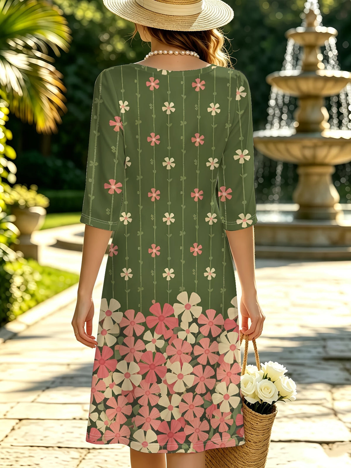 Green Tiny FloralWomen Fall Winter V Neck Slit Dress, Daily Casual Gift Giving Party, Elegant Business Commute, Figure Flattering Trendy Digital Print. - Multicolor