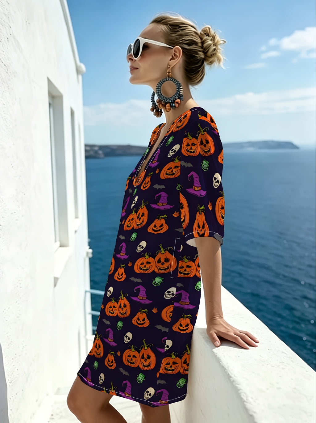 Vintage Halloween-style V-neck Dress Featuring Playful Pumpkin, Wizard Hat, and Skull Pattern Elements. Relaxed Cut with a Loose Fit That Conceals Curves for a Effect. Rich Colors Create a Strong Festive Atmosphere, Making It Suitable for Holiday - Mixed colors