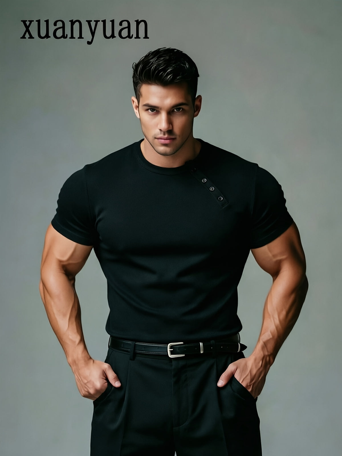 [Shule Water OBM] Men'S Ribbed Henley T-Shirt, Short Sleeve Slim Fit Base Layer Top, Textured Street Style Shirt, Fitness Commute Versatile Style, 2026 Summer New - Black