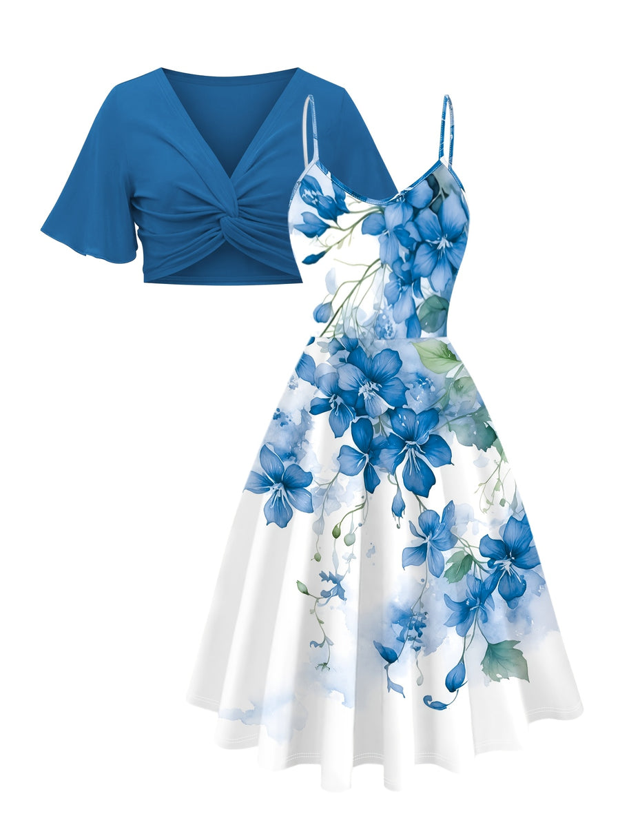 Women'S Elegant Dress Set, Solid Color V-Neck Twist Short Sleeve Top, Floral Print Suspender Dress Two-Piece Set - Light Blue