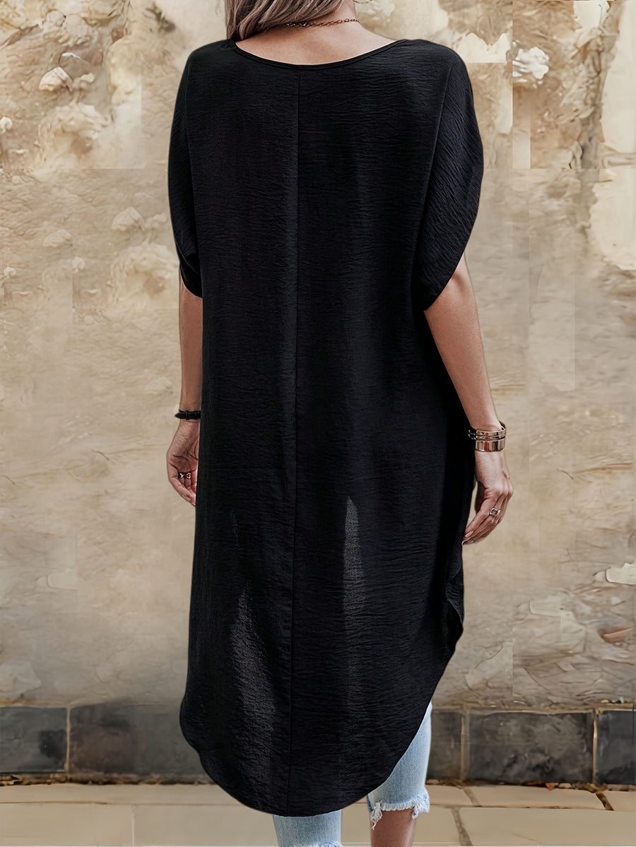 V-Neck Asymmetrical Long Top, Batwing Short Sleeve Loose Curved Hem Front Short Back Long Shirt, Textured Pleated Fabric, Casual Commute Leisure, Beach Vacation Blouse - Black