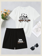 2pcs Women's Summer Short Sleeve Set—Panda Koala Cute Animal Print Short Sleeve Shorts Set, Comfortable, Soft, and Breathable for Sports and Daily Wear, Suitable for Back-to, Campus, Valentine's Day, Women's Pajamas, Jogging, Fitness, and as a Gift - White+black