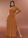 Sexy One-Shoulder Silver Thread Dress - Light Brown-1