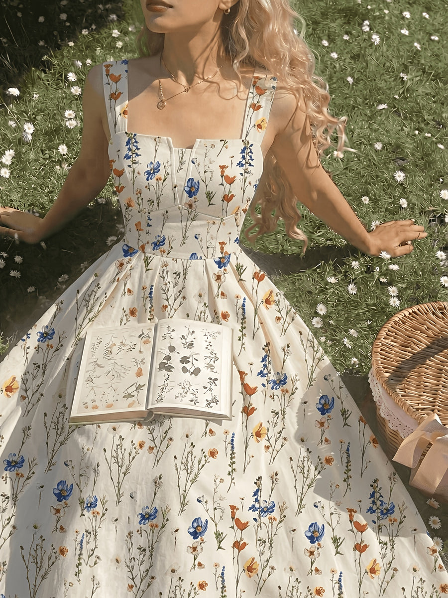 Women's Spring/Summer Romantic Floral Print Waist-Cinching Elegant Thick Spaghetti Suspender Dress for Vacation and Dates - Apricot