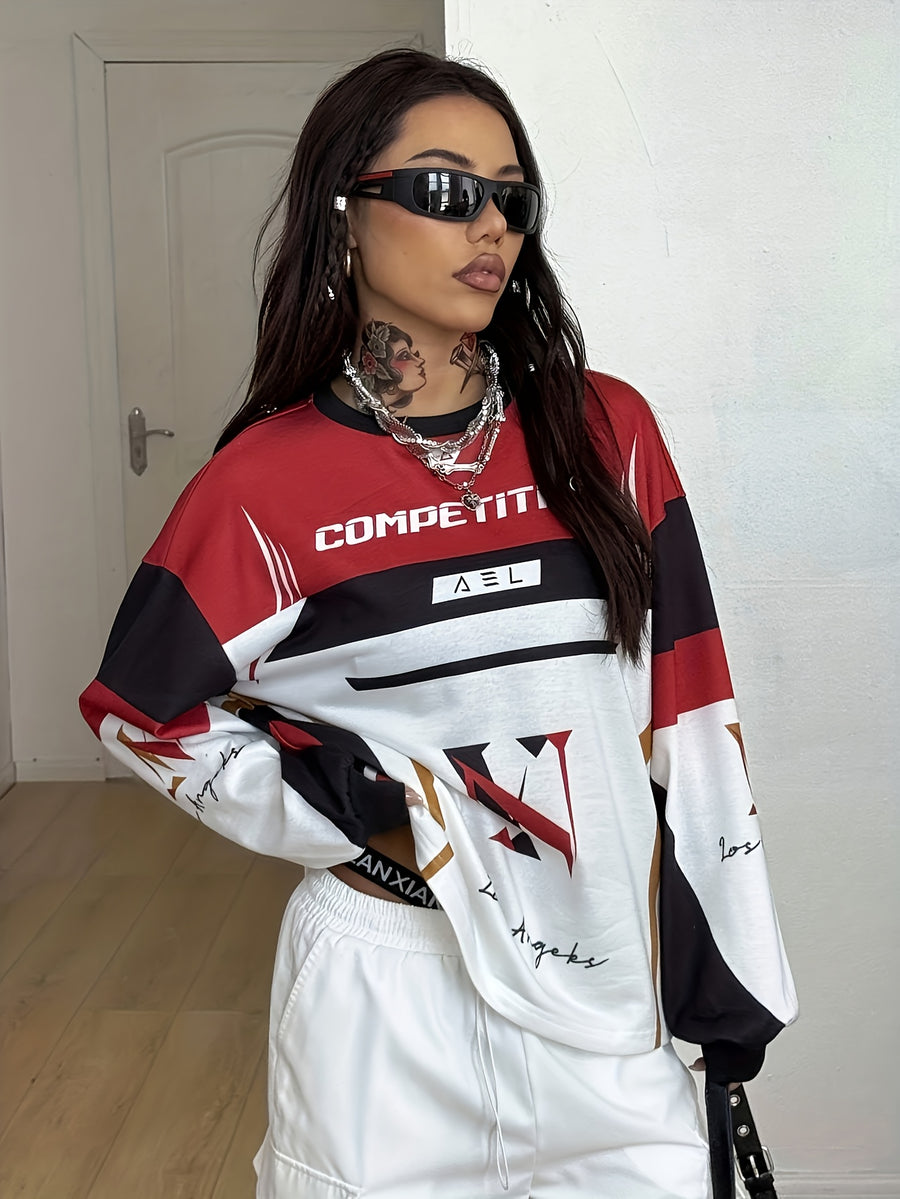 Cool Annie Women's Autumn Streetwear Swear Casual National Competition Racer Graphic Oversized Long Sleeve Sweatshirt - Multicolor