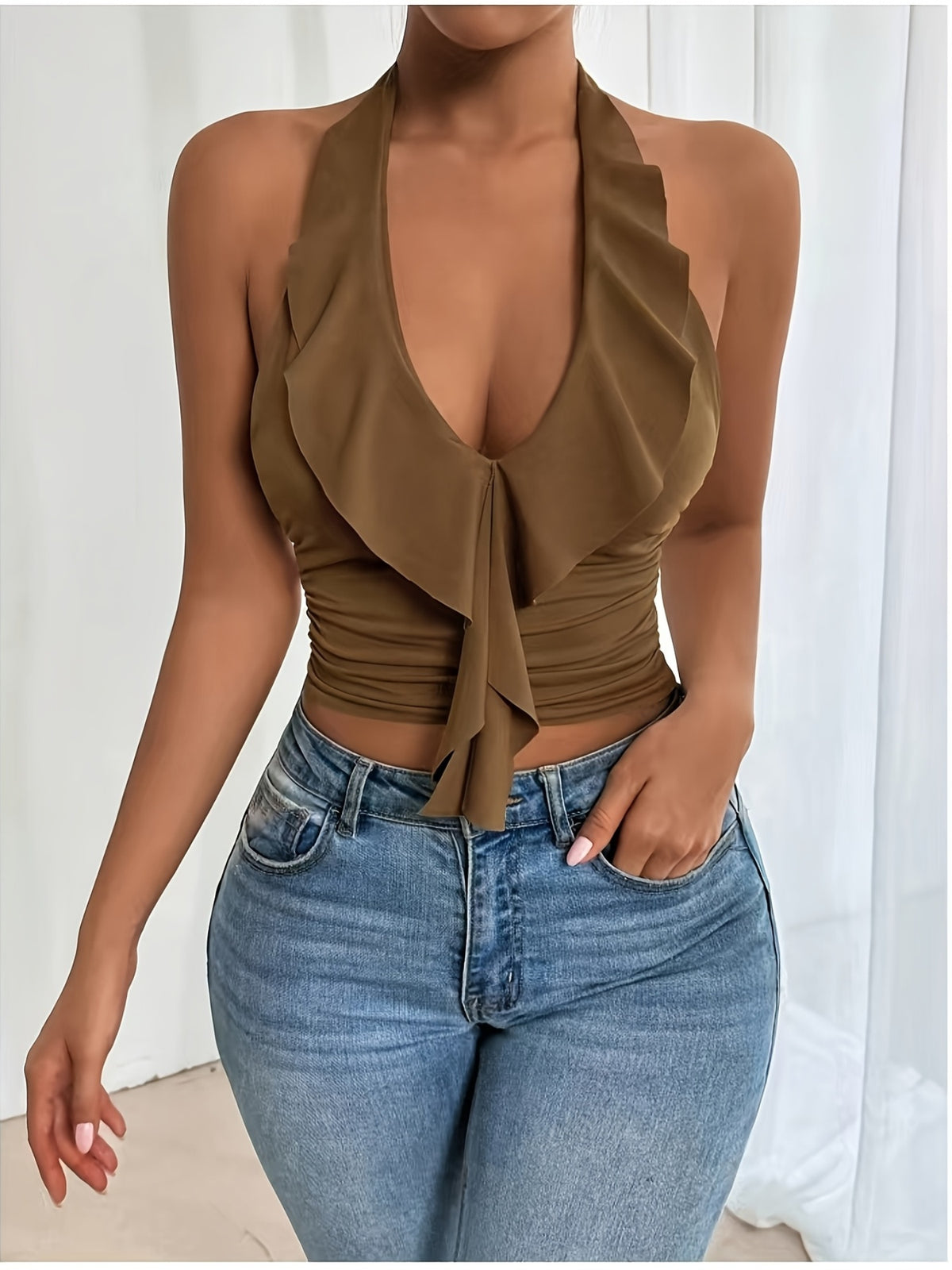Elegant, Exquisite And Fashionable Halter Sleeveless Top - 【Brown】