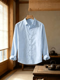 Men'S Autumn Classic Solid Color Long Sleeve Button-Up Shirt, Lapel Collar Casual Blouse, Loose Soft Breathable Daily Top - Light Blue