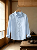 Men'S Autumn Classic Solid Color Long Sleeve Button-Up Shirt, Lapel Collar Casual Blouse, Loose Soft Breathable Daily Top - Light Blue