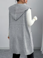 Hezi Xiao New Autumn/Winter Mid-Length Hooded Cardigan Vest Sleeveless Outerwear - Space Gray