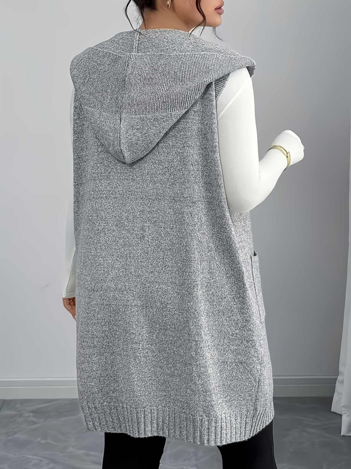 Hezi Xiao New Autumn/Winter Mid-Length Hooded Cardigan Vest Sleeveless Outerwear - Space Gray